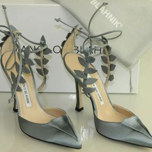 Manolo Blahnik Boltase Grey Satin Leaf Strappy Heels